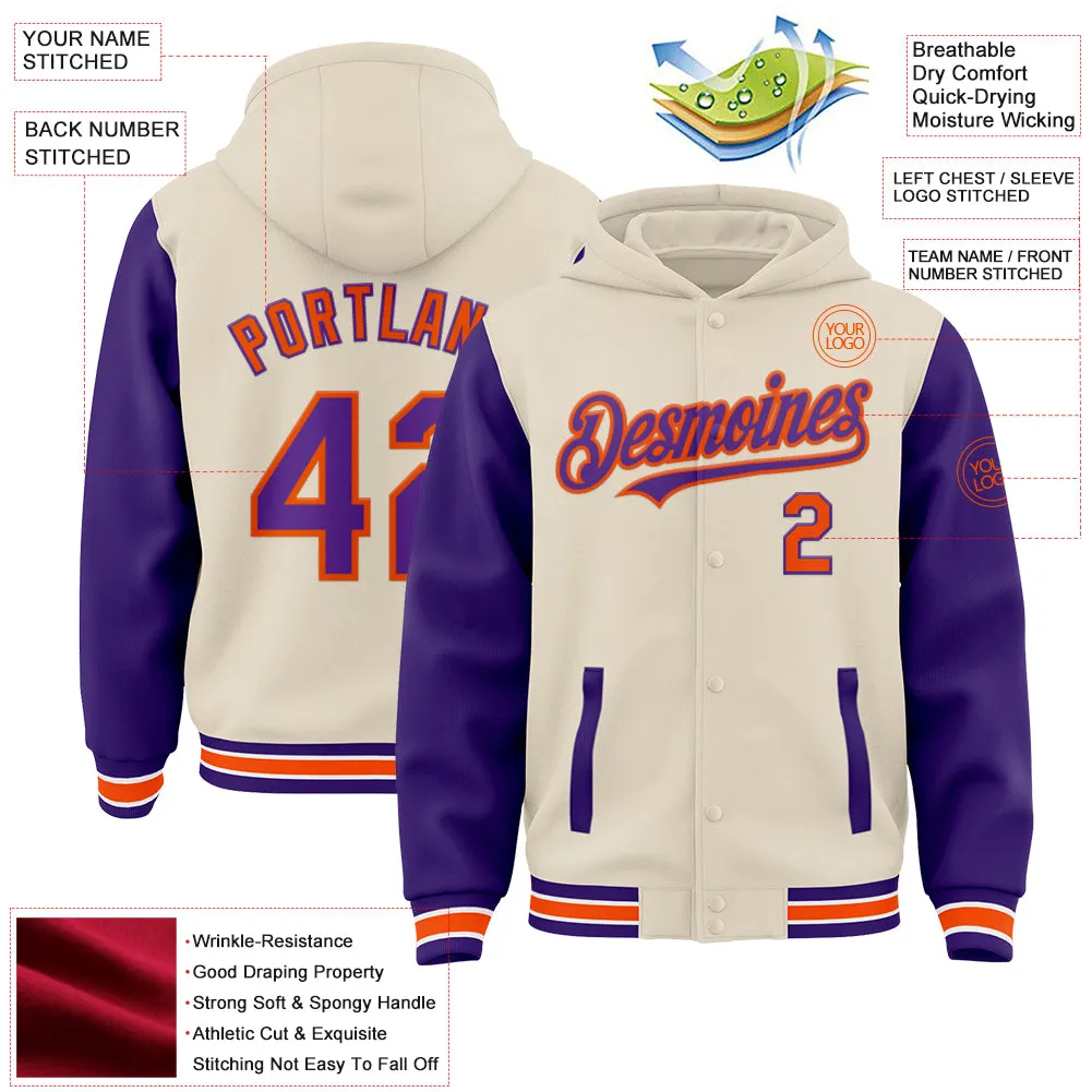 Custom Cream Purple Orange-White Bomber Full-Snap Varsity Letterman Two Tone Hoodie Jacket