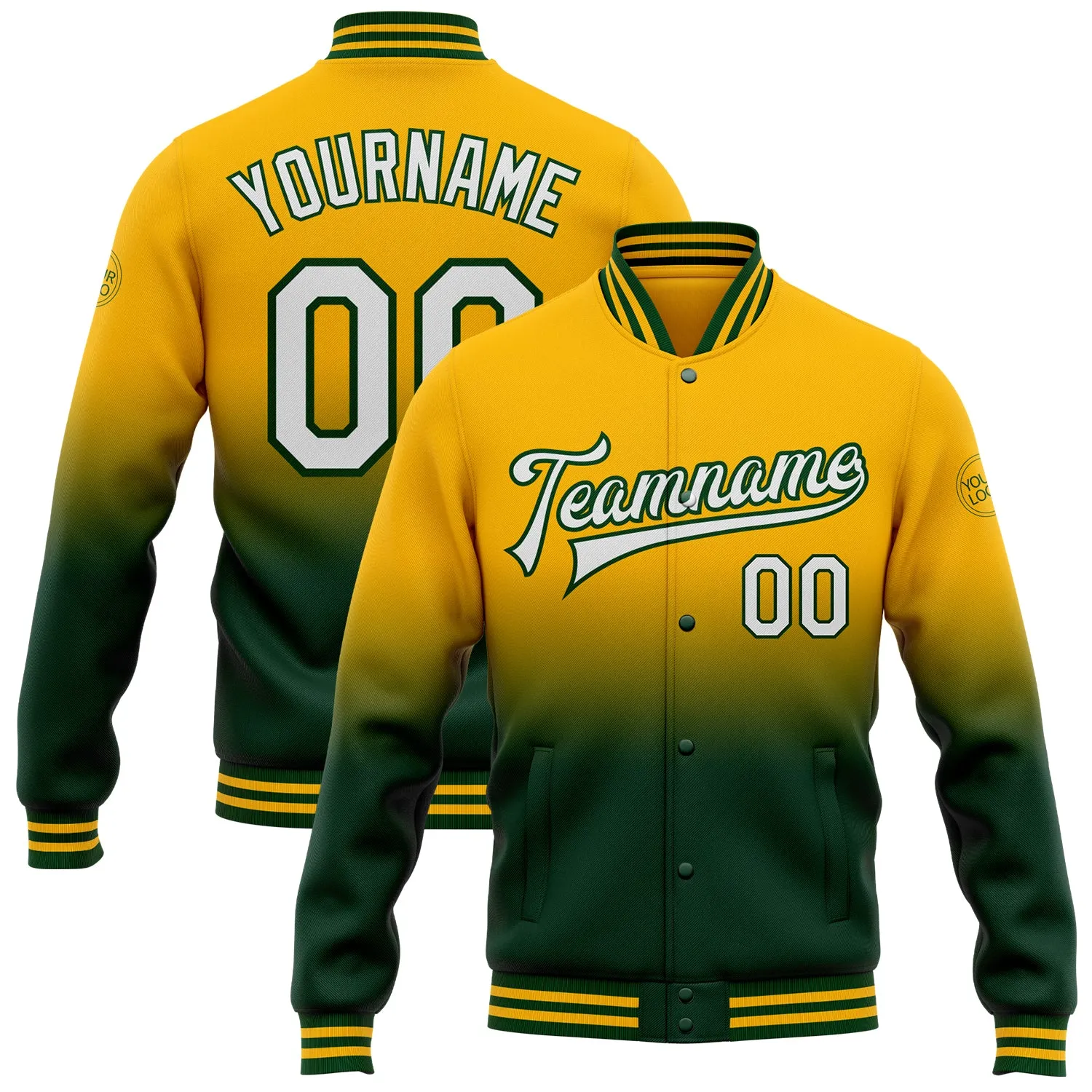 Custom Gold White-Green Bomber Full-Snap Varsity Letterman Fade Fashion Jacket