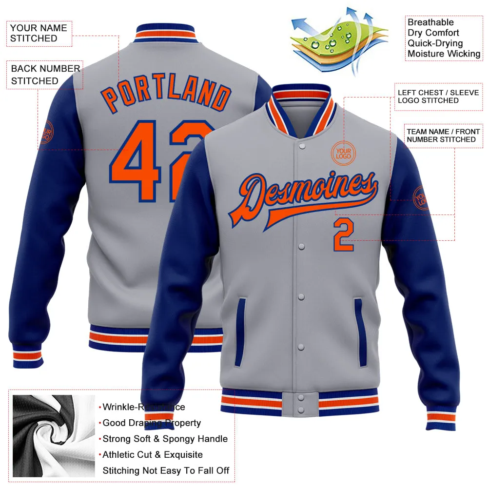 Custom Gray Orange-Royal Bomber Full-Snap Varsity Letterman Two Tone Jacket