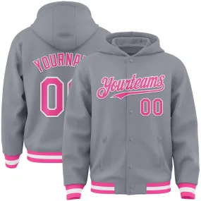 Custom Gray Pink-White Bomber Full-Snap Varsity Letterman Hoodie Jacket