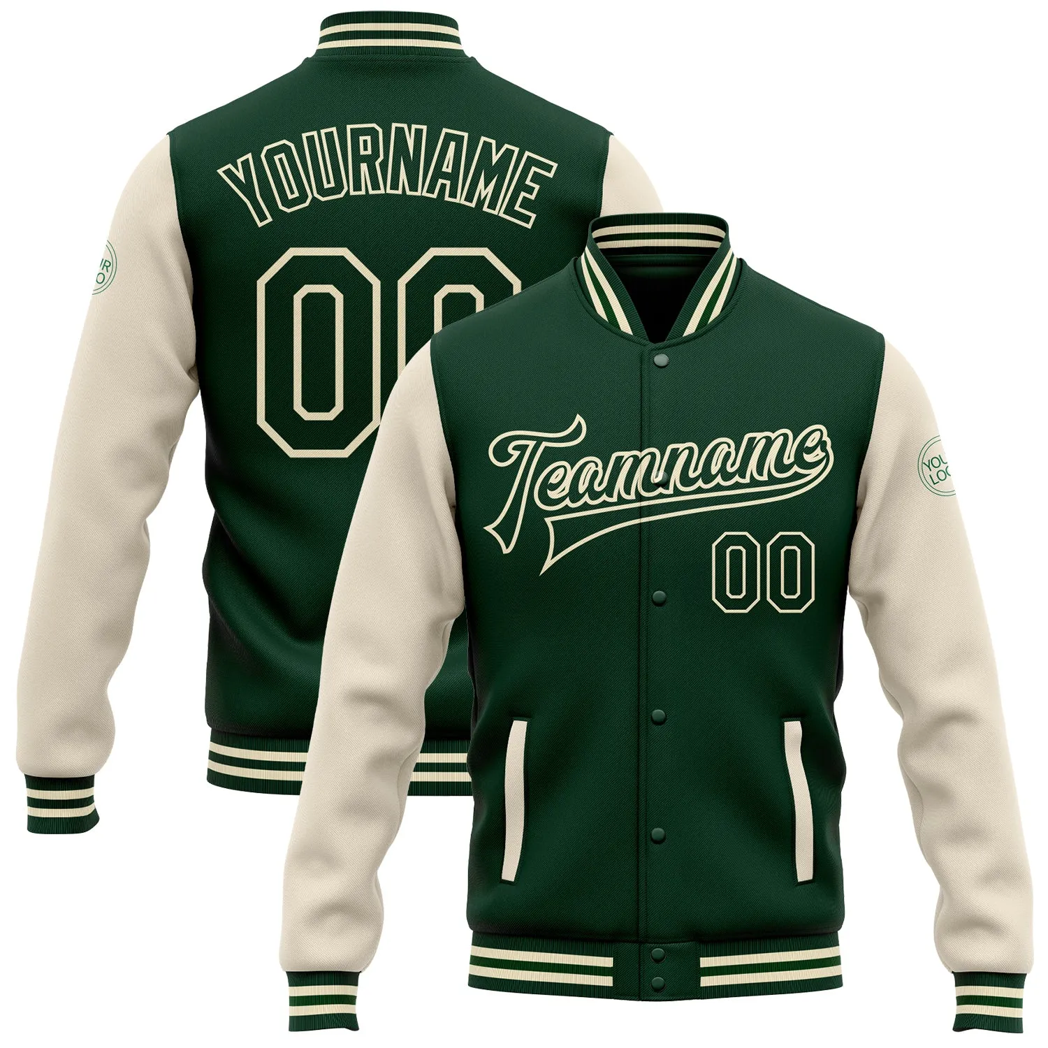 Custom Green Green-Cream Bomber Full-Snap Varsity Letterman Two Tone Jacket