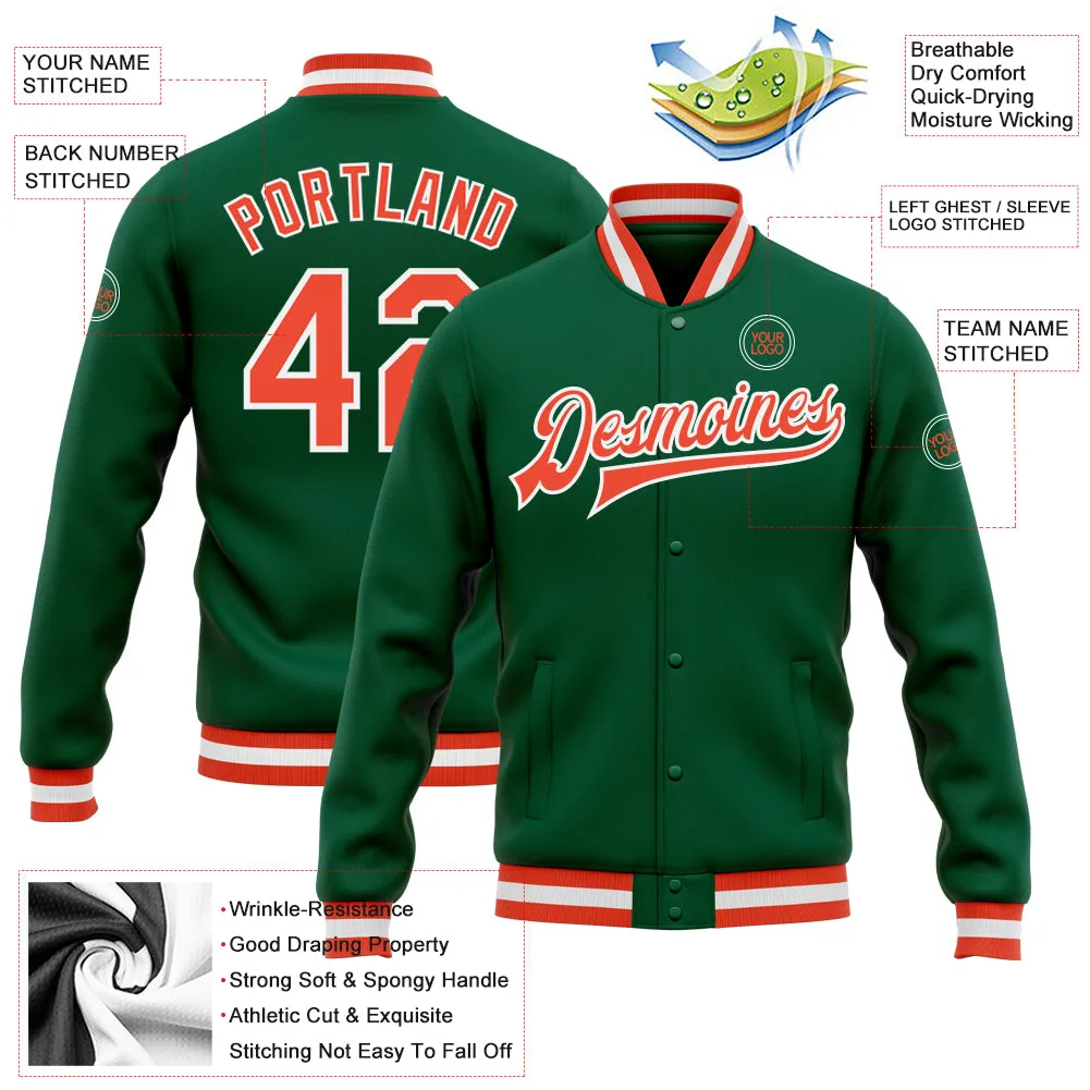 Custom Kelly Green Orange-White Bomber Full-Snap Varsity Letterman Jacket