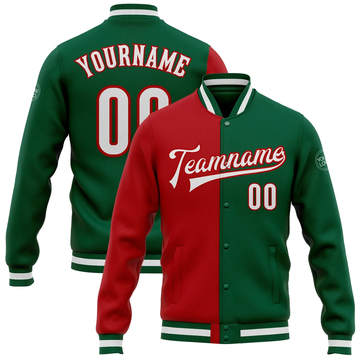 Custom Kelly Green White-Red Bomber Full-Snap Varsity Letterman Split Fashion Jacket