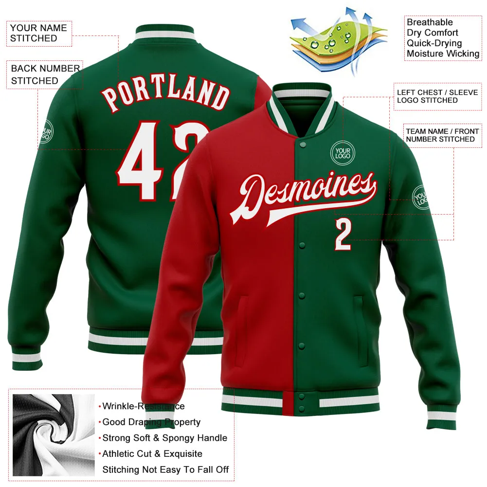 Custom Kelly Green White-Red Bomber Full-Snap Varsity Letterman Split Fashion Jacket