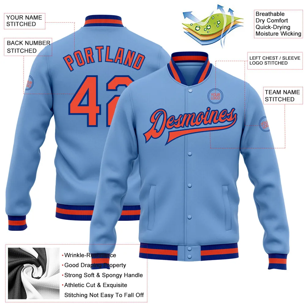 Custom Light Blue Orange-Royal Bomber Full-Snap Varsity Letterman Jacket