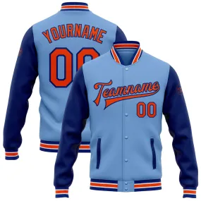 Custom Light Blue Orange-Royal Bomber Full-Snap Varsity Letterman Two Tone Jacket