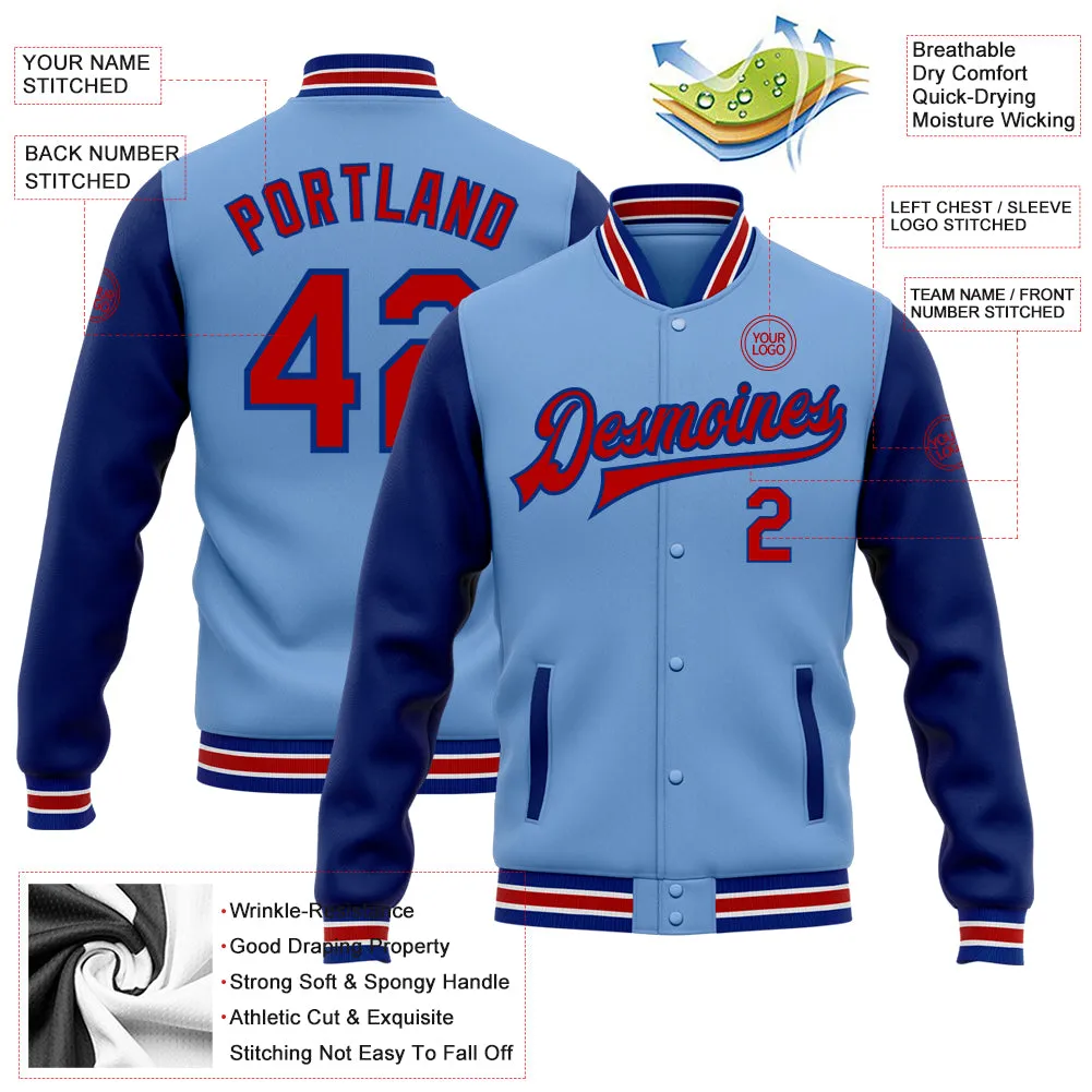 Custom Light Blue Red-Royal Bomber Full-Snap Varsity Letterman Two Tone Jacket