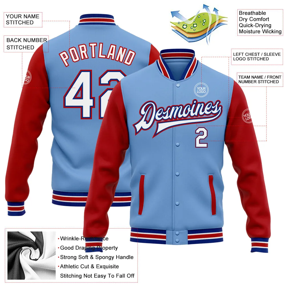 Custom Light Blue White Royal-Red Bomber Full-Snap Varsity Letterman Two Tone Jacket