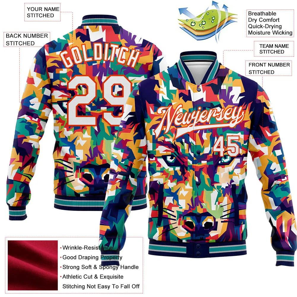 Custom Navy White-Orange Colorful Wolf 3D Pattern Design Bomber Full-Snap Varsity Letterman Jacket