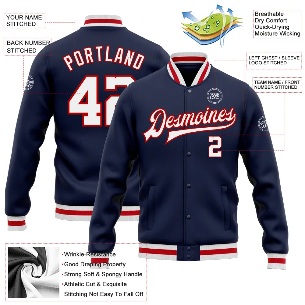 Custom Navy White-Red Bomber Full-Snap Varsity Letterman Jacket