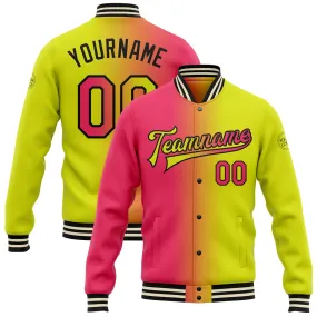 Custom Neon Yellow Neon Pink-Black Bomber Full-Snap Varsity Letterman Gradient Fashion Jacket