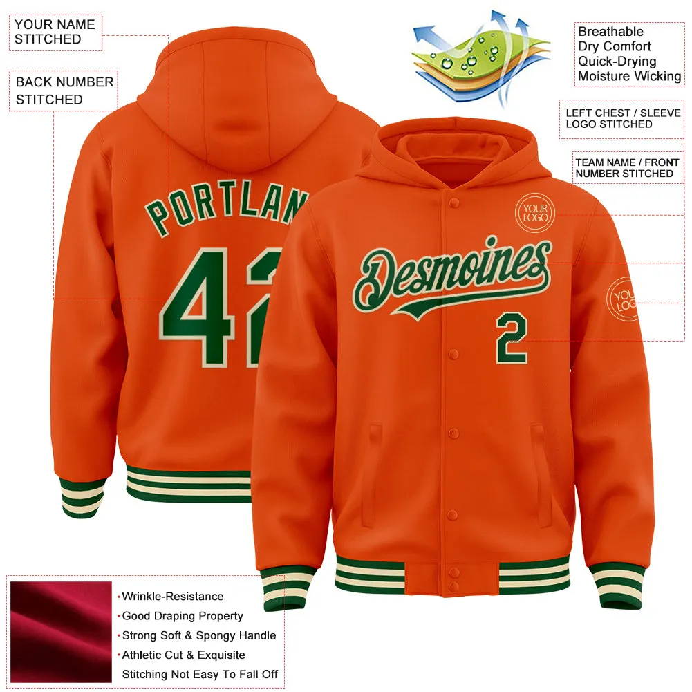 Custom Orange Green-Cream Bomber Full-Snap Varsity Letterman Hoodie Jacket