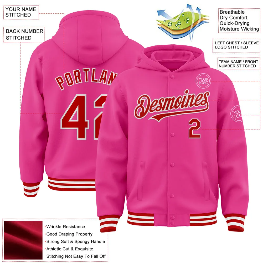 Custom Pink Red-White Bomber Full-Snap Varsity Letterman Hoodie Jacket