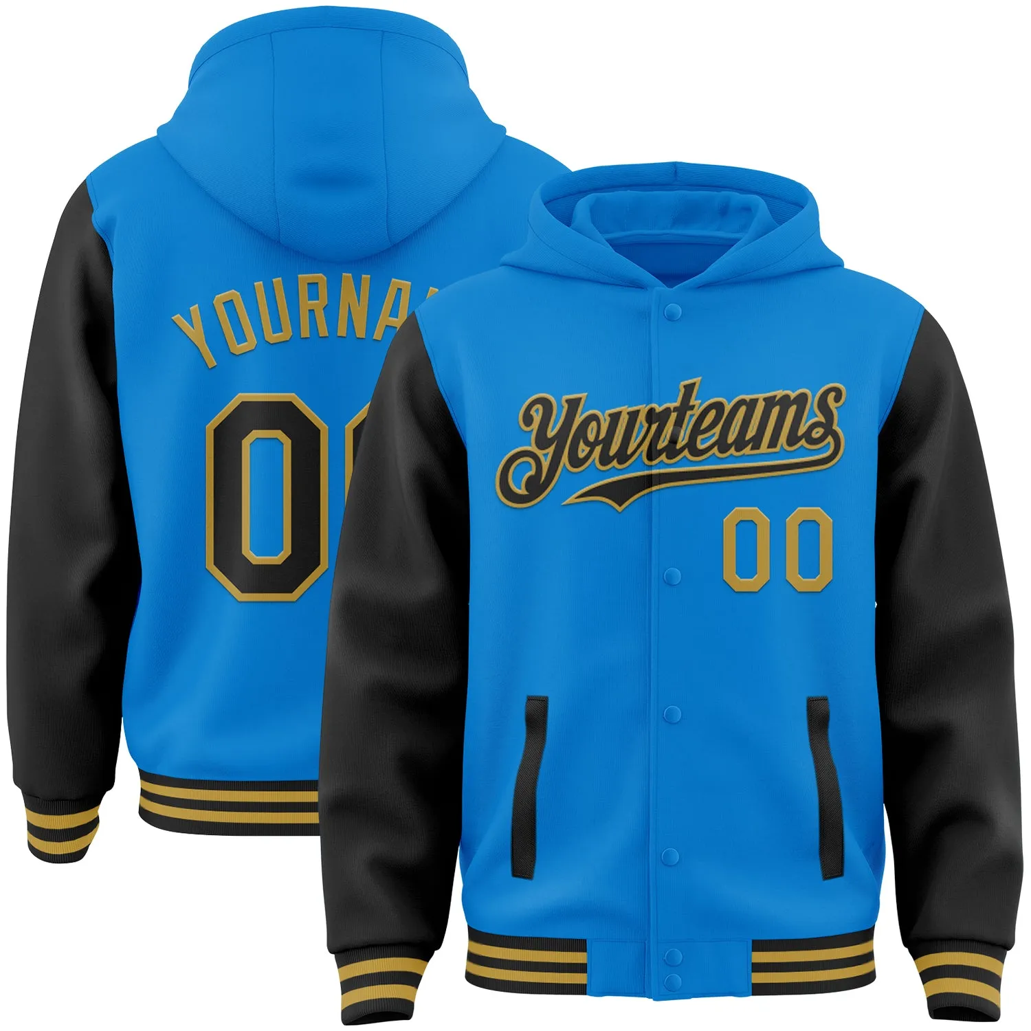 Custom Powder Blue Black-Old Gold Bomber Full-Snap Varsity Letterman Two Tone Hoodie Jacket