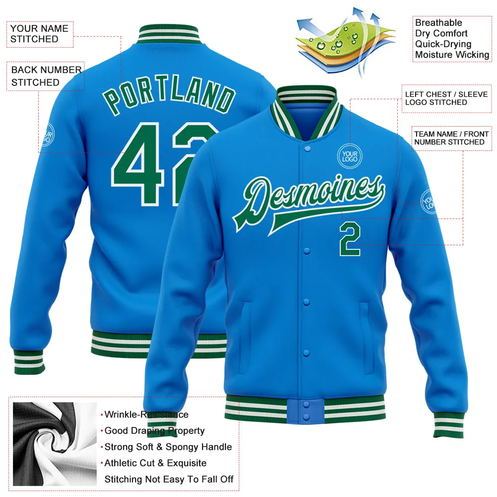 Custom Powder Blue Kelly Green-White Bomber Full-Snap Varsity Letterman Jacket