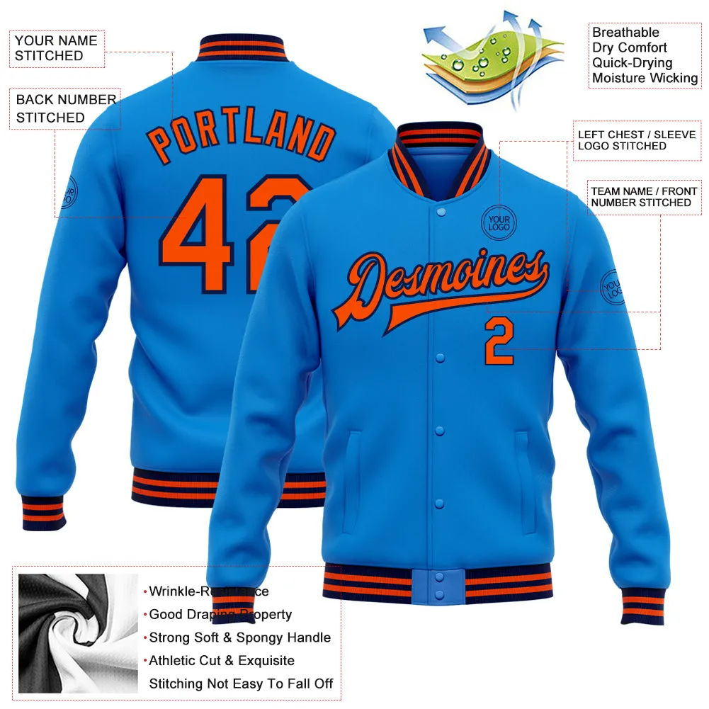 Custom Powder Blue Orange-Navy Bomber Full-Snap Varsity Letterman Jacket