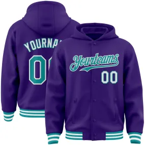 Custom Purple Teal-White Bomber Full-Snap Varsity Letterman Hoodie Jacket