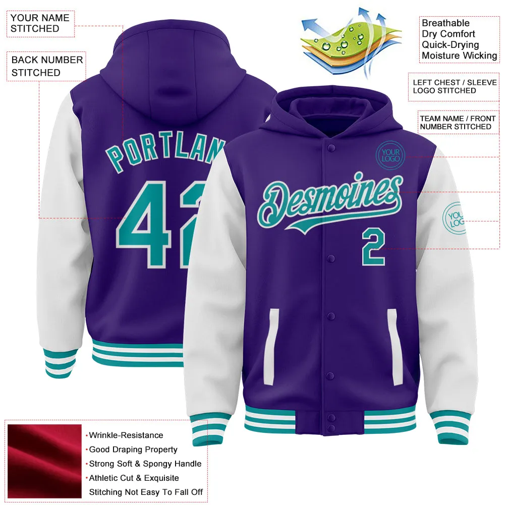 Custom Purple Teal-White Bomber Full-Snap Varsity Letterman Two Tone Hoodie Jacket