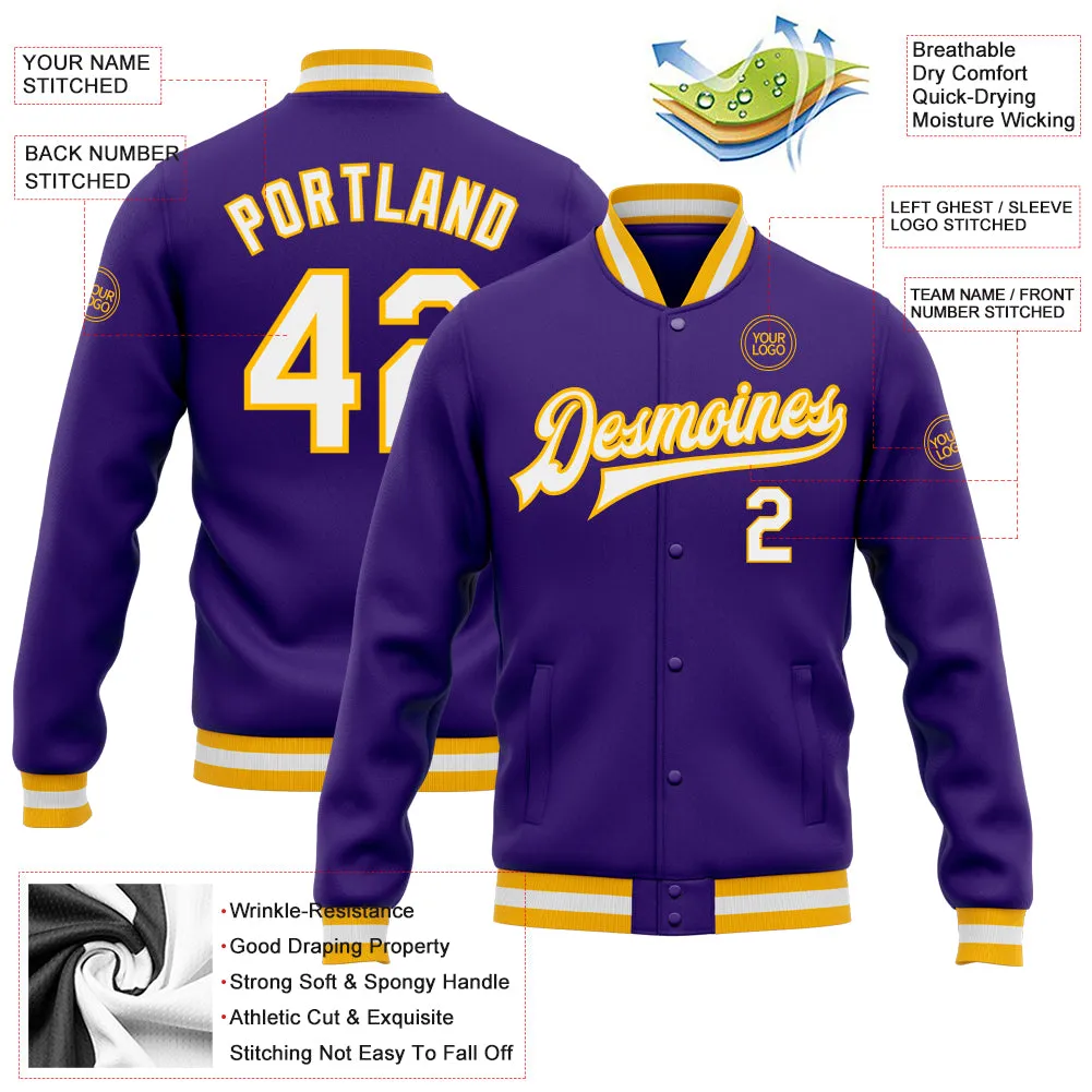 Custom Purple White-Gold Bomber Full-Snap Varsity Letterman Jacket