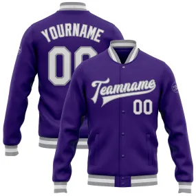 Custom Purple White-Gray Bomber Full-Snap Varsity Letterman Jacket