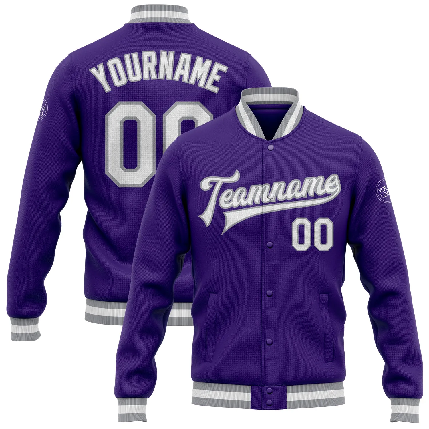 Custom Purple White-Gray Bomber Full-Snap Varsity Letterman Jacket