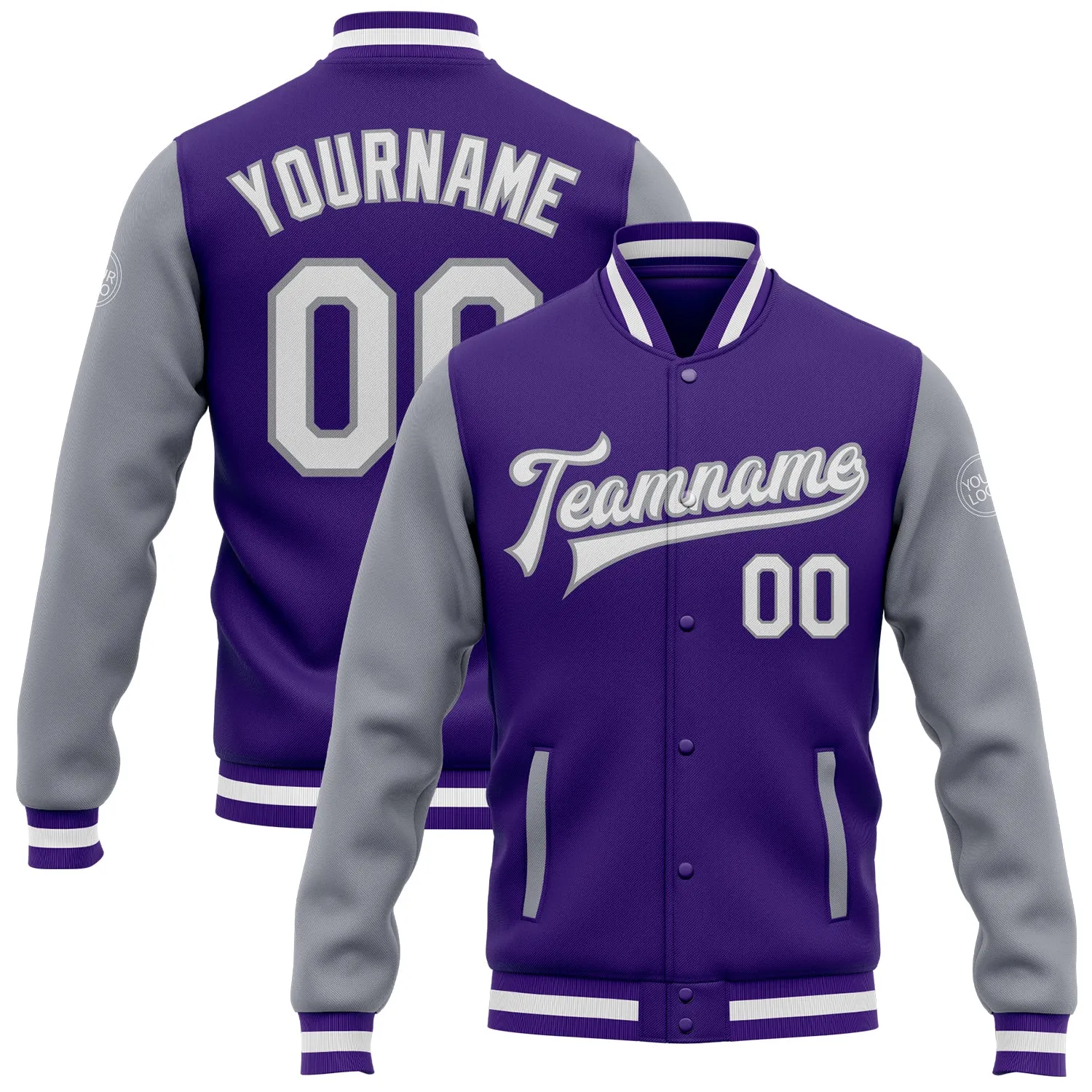 Custom Purple White-Gray Bomber Full-Snap Varsity Letterman Two Tone Jacket