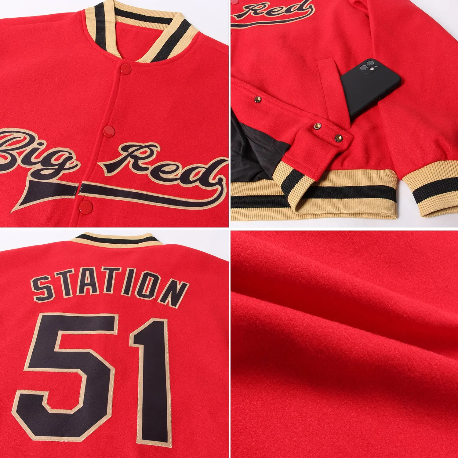 Custom Red Black-Old Gold Bomber Full-Snap Varsity Letterman Jacket