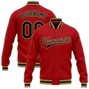 Custom Red Black-Old Gold Bomber Full-Snap Varsity Letterman Jacket