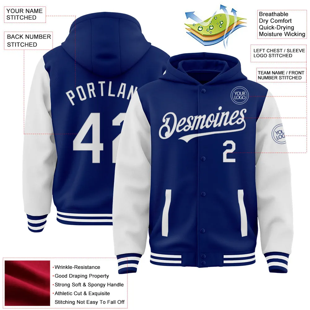 Custom Royal White Bomber Full-Snap Varsity Letterman Two Tone Hoodie Jacket