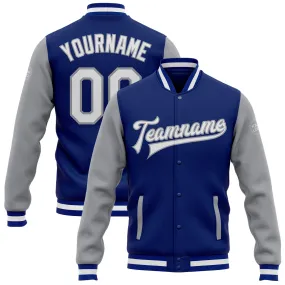 Custom Royal White-Gray Bomber Full-Snap Varsity Letterman Two Tone Jacket