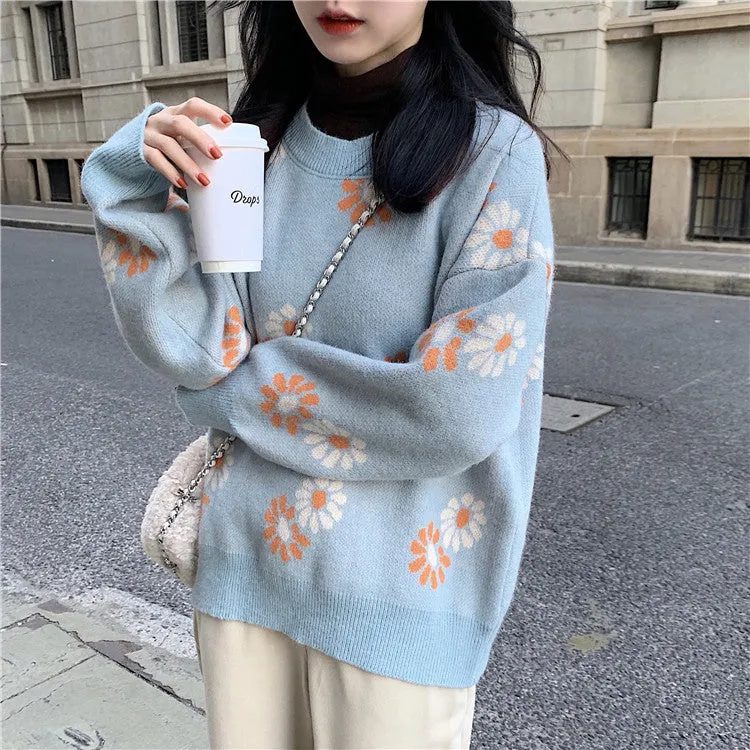 Daisy Flower Pattern Casual Sweater