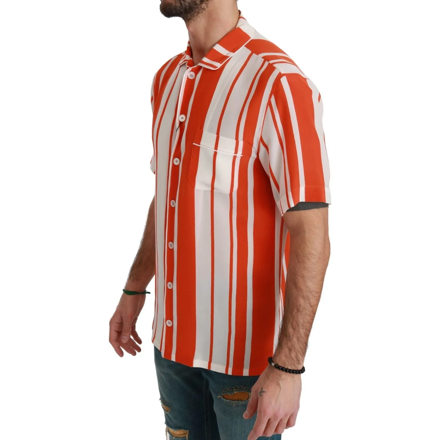 Dolce & Gabbana Elegant Striped Silk Shirt - White & Orange