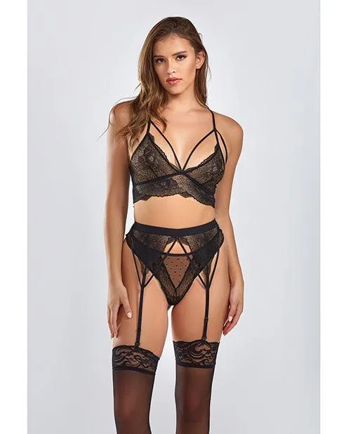 Everly Dot Mesh & Galloon Lace Strappy Bra, Garterbelt & Hipster Panty Black