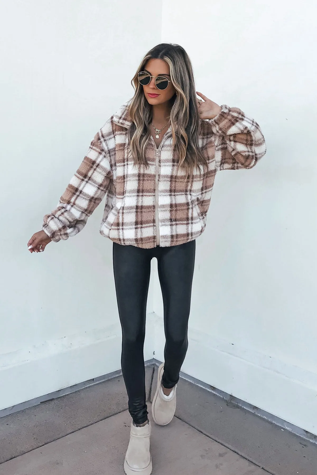 Fuzzy Brown Plaid Zip Up Jacket