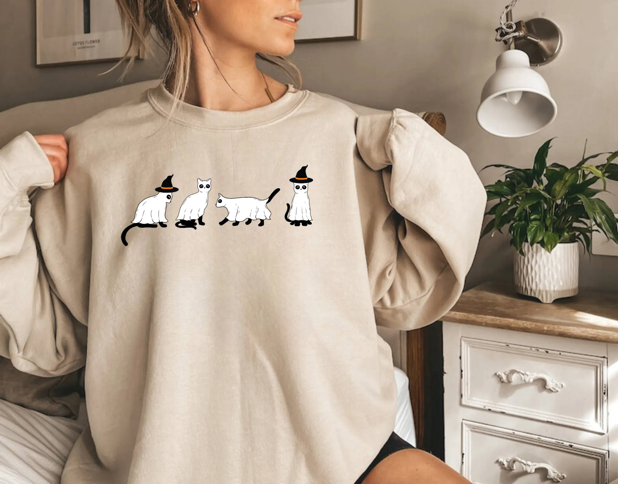 Ghost and Witch Cat Halloween Sweatshirt