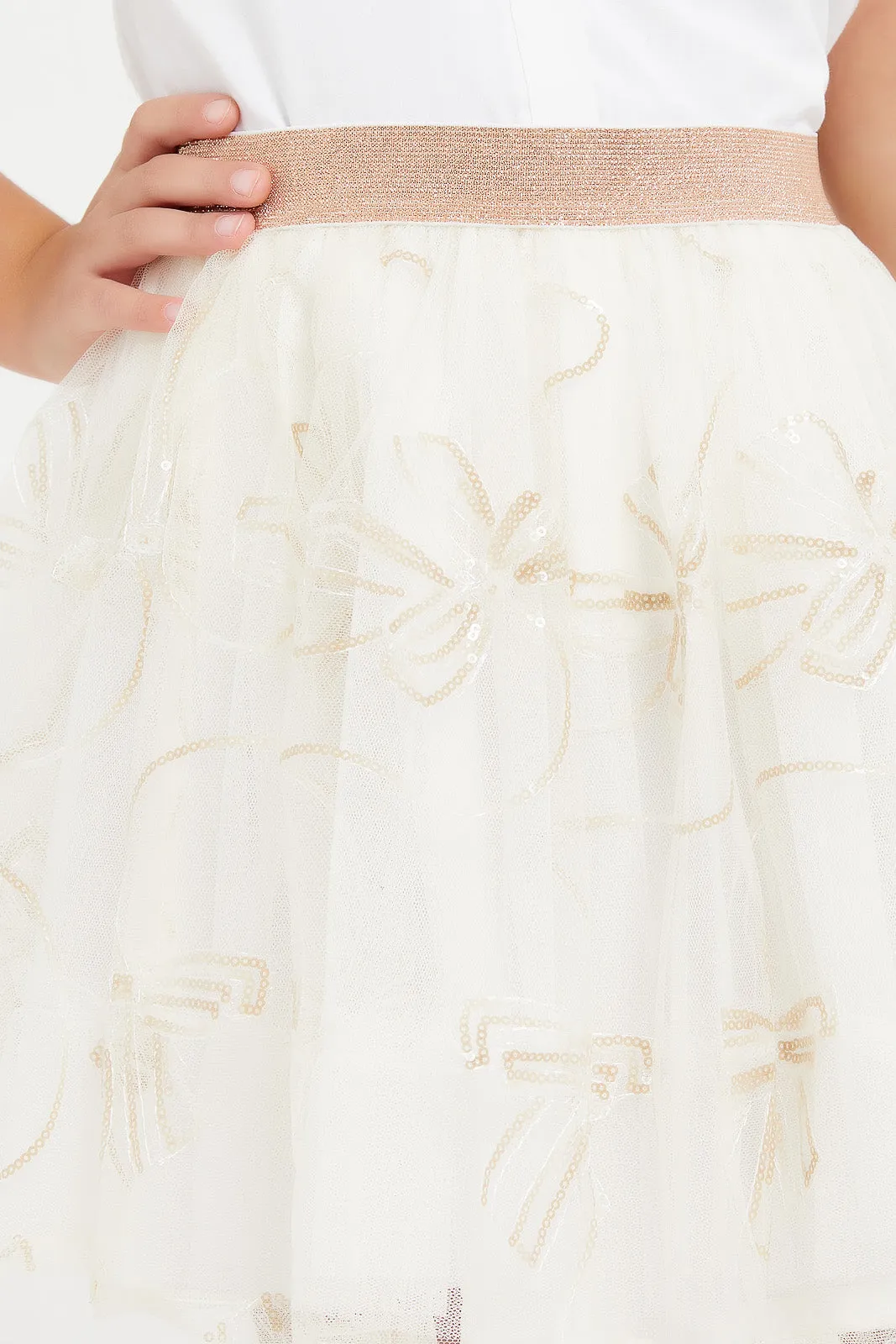 Girls Beige Embroidered Skirt