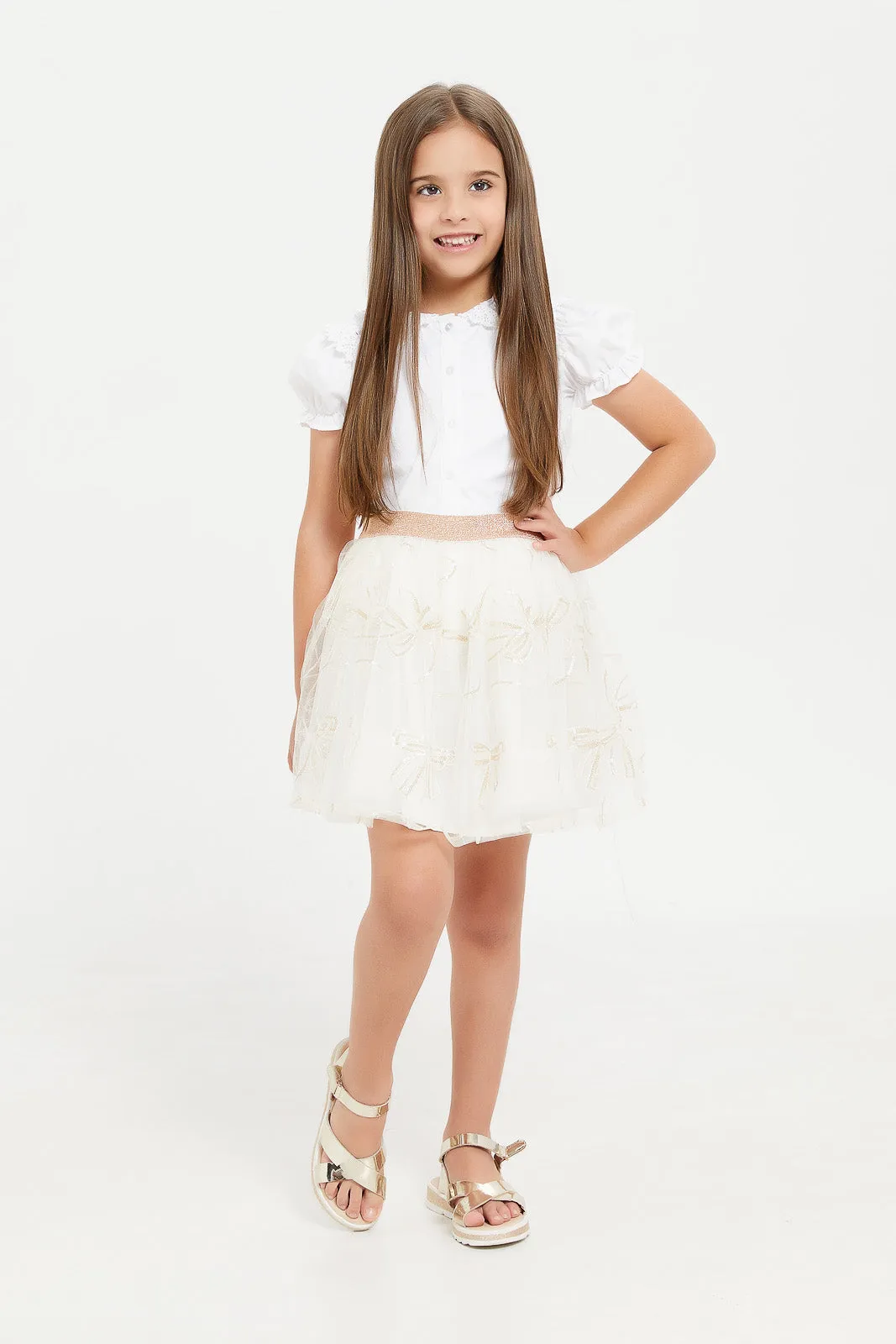 Girls Beige Embroidered Skirt