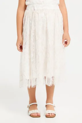 Girls Cream Lace Midi Length Skirt