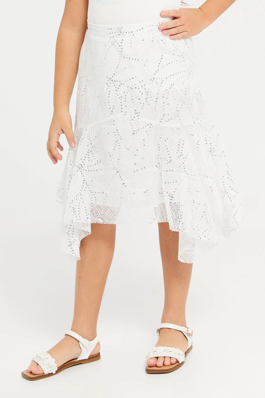 Girls White Embellished Sequin Skirt