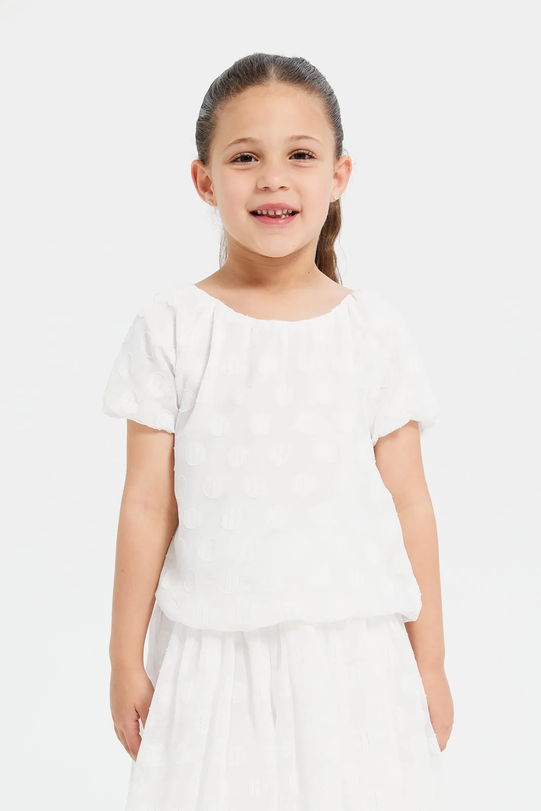 Girls White Lurex Blouse Skirt Set (2 Piece)