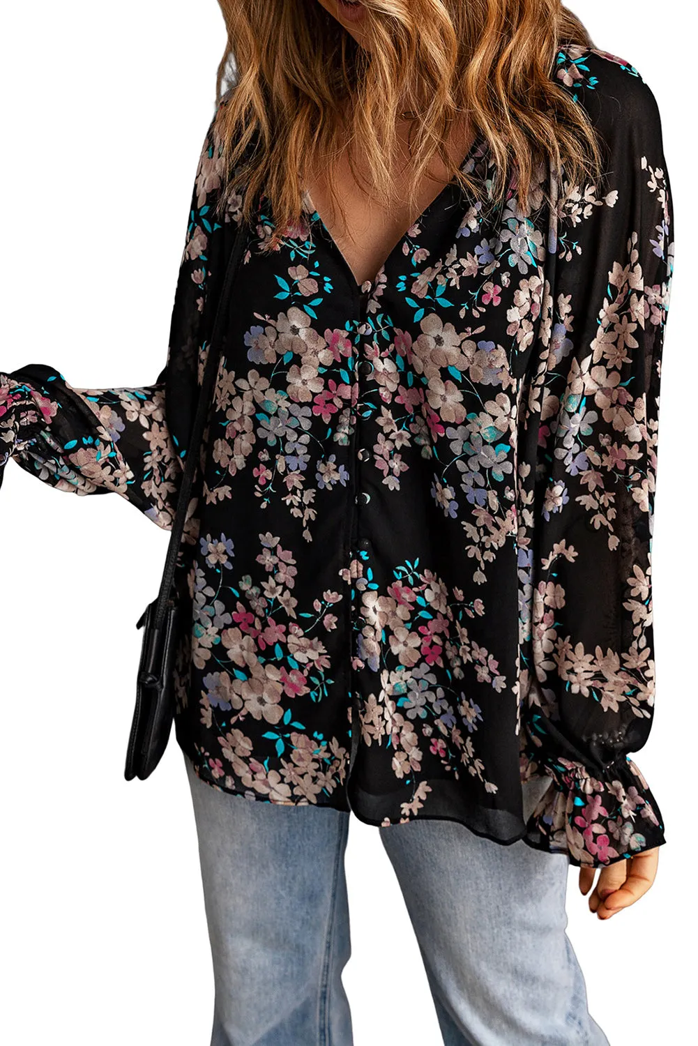 Gothic Outlaws Black Floral Boho Chiffon Peasant Sleeve Blouse