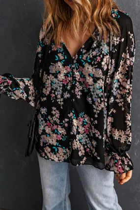 Gothic Outlaws Black Floral Boho Chiffon Peasant Sleeve Blouse