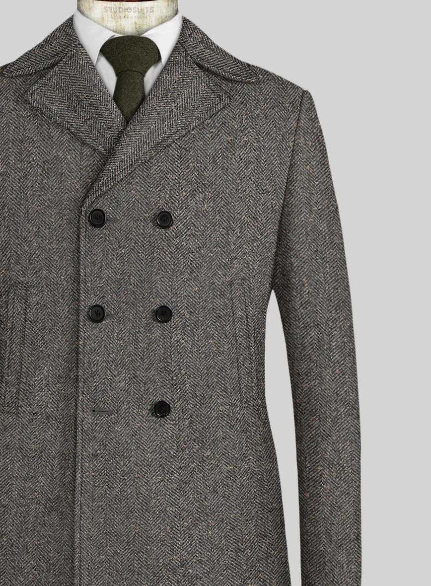 Gray Herringbone Flecks Donegal Tweed Pea Coat