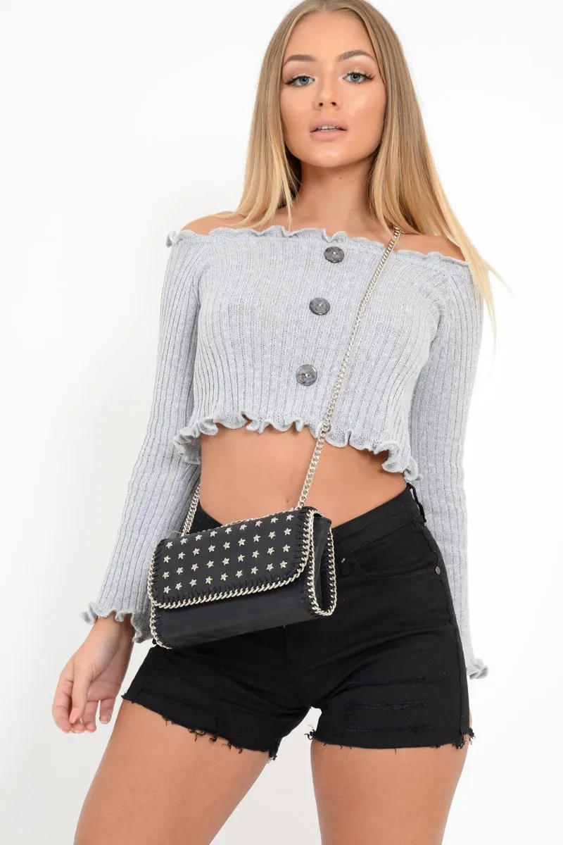 Grey Button Up Cropped Bardot Jumper - Cielo