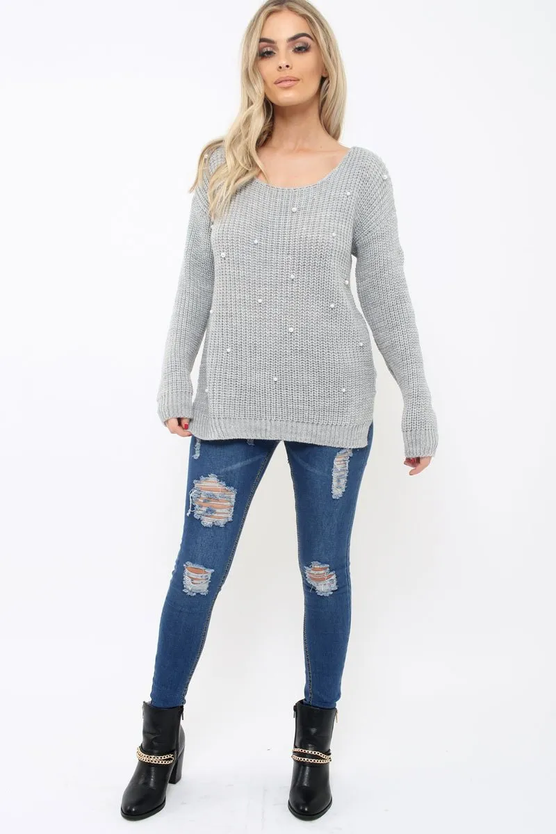 Grey Chunky Knit Pearl Jumper - Terri