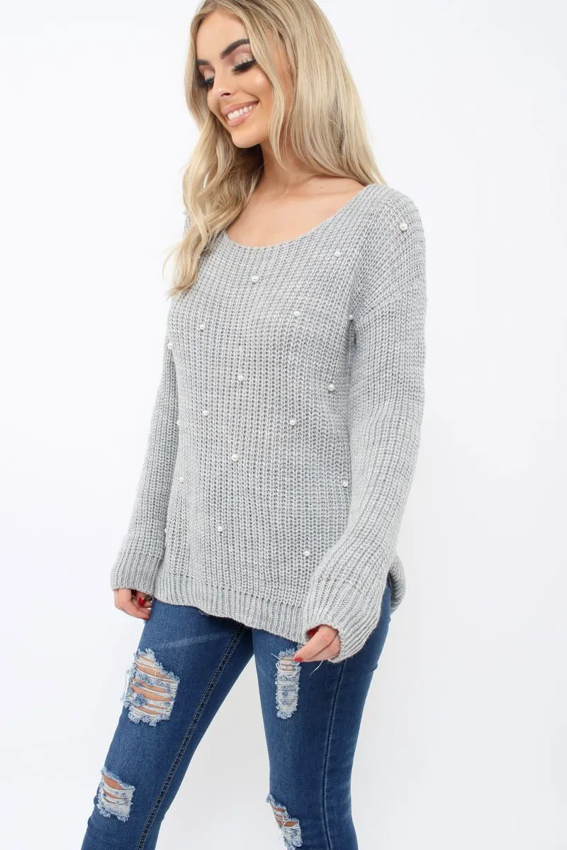 Grey Chunky Knit Pearl Jumper - Terri