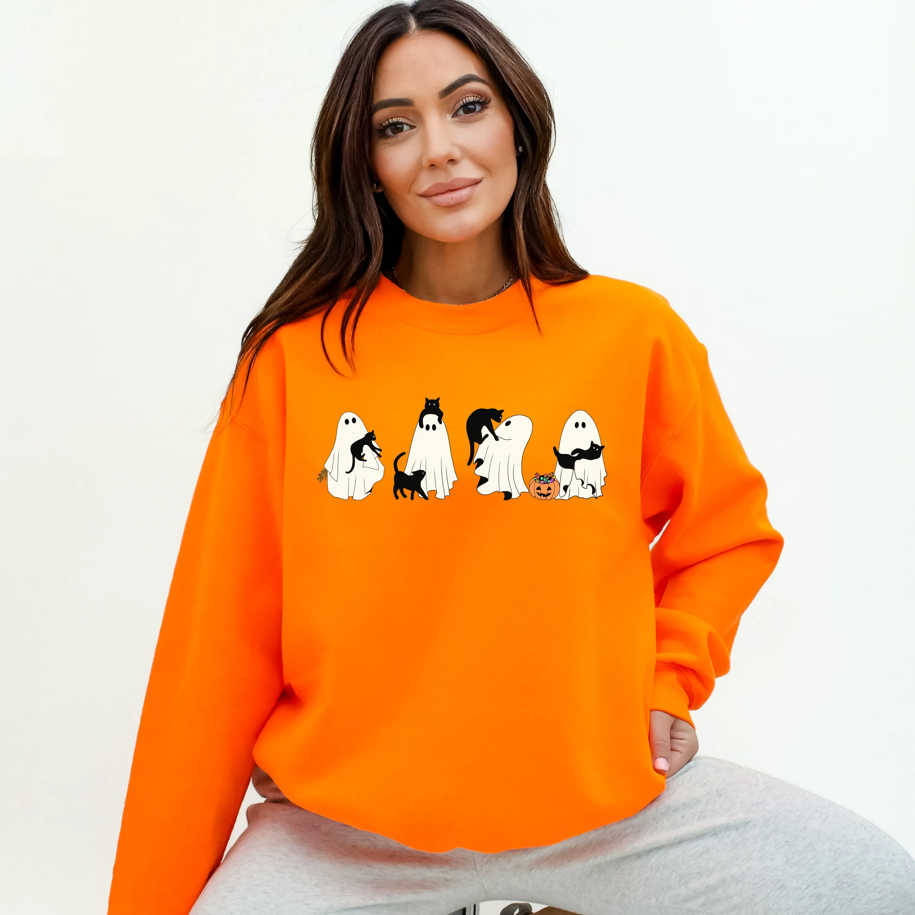 Halloween Ghost with Cats Crewneck Sweatshirt