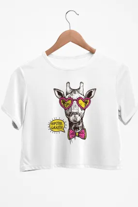 Hipster Giraffe Graphic Printed White Crop Top