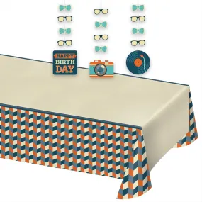 Hipster Guy Party Supplies - Plaid Paper Table Cover and Birthday Hanging Cutouts Set with Cool Bowties, Glasses, Trendy Records, Cameras, and More