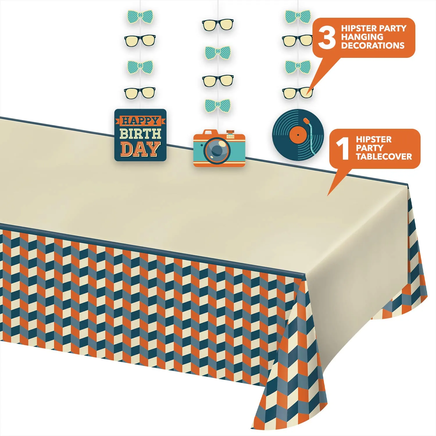 Hipster Guy Party Supplies - Plaid Paper Table Cover and Birthday Hanging Cutouts Set with Cool Bowties, Glasses, Trendy Records, Cameras, and More